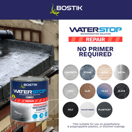 Bostik Waterstop Emergency Coat Grey - 1kg - Quick Drying - Instant Sealing Coating For Roofs And Gutters