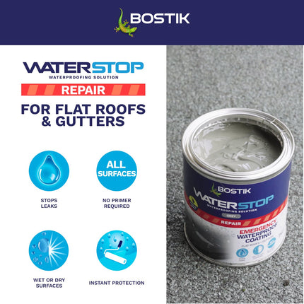 Bostik Waterstop Emergency Coat Grey - 1kg - Quick Drying - Instant Sealing Coating For Roofs And Gutters