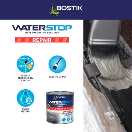 Bostik Waterstop Emergency Coat Grey - 1kg - Quick Drying - Instant Sealing Coating For Roofs And Gutters