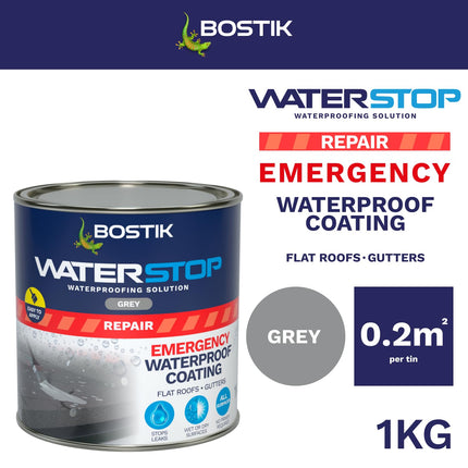 Bostik Waterstop Emergency Coat Grey - 1kg - Quick Drying - Instant Sealing Coating For Roofs And Gutters