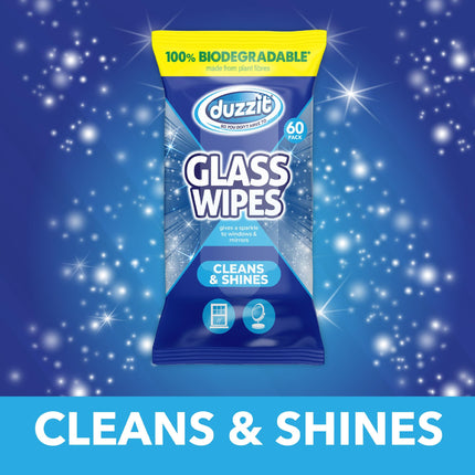 Duzzit Glass Wipes - Cleans & Shines | 100% Biodegradable - Made From Plant Fibres | Suitable for Windows, Glass Objects and Mirrors (60 Biodegradable Wipes)