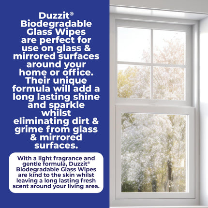 Duzzit Glass Wipes - Cleans & Shines | 100% Biodegradable - Made From Plant Fibres | Suitable for Windows, Glass Objects and Mirrors (60 Biodegradable Wipes)