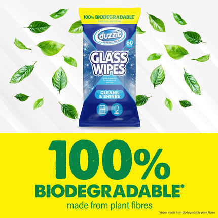 Duzzit Glass Wipes - Cleans & Shines | 100% Biodegradable - Made From Plant Fibres | Suitable for Windows, Glass Objects and Mirrors (60 Biodegradable Wipes)