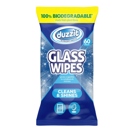 Duzzit Glass Wipes - Cleans & Shines | 100% Biodegradable - Made From Plant Fibres | Suitable for Windows, Glass Objects and Mirrors (60 Biodegradable Wipes)