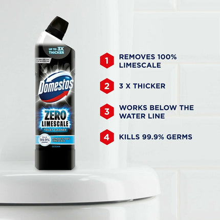 Domestos Zero Limescale Ocean Antibact Toilet Gel, 3 Packs of 750ml, Removes Dirt and Gives Zero LimeScale! Grab it Now to Keep Your Toilet Clean and Fresh!