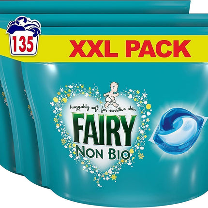 Fairy Non-Bio PODS, Washing Liquid Laundry Detergent Tablets / Capsules, 135 Washes (45 x 3), Huggably Soft for Sensitive Skin