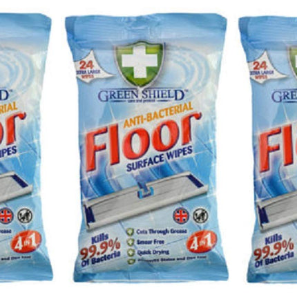 3 x GREENSHIELD ANTIBAC Floor Surface Wipes Packs of 24 Extra Large WIpes (72 Wipes)