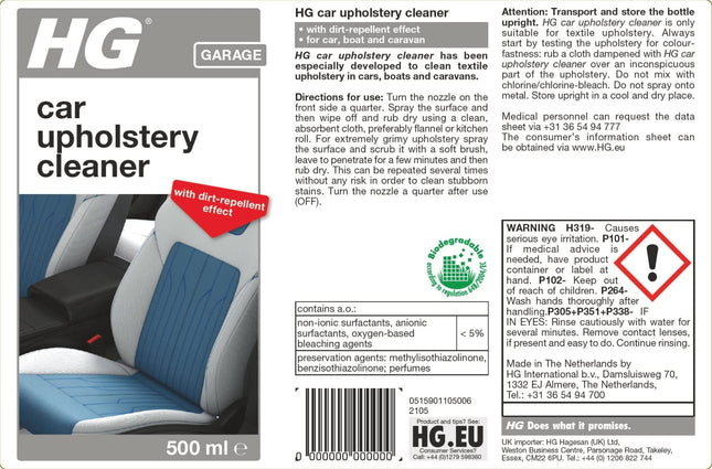 HG Car Upholstery Cleaner - Car Upholstery Cleaner Spray for Routine Cleaning and Stain Removal, Ideal for Cars, Caravans, and Boats - 500ml