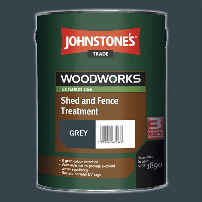 GREY - 5ltr Johnstones Shed and Fence Paint Treatment - 3 Year Colour Retention - UV & Water Resistant - GREY - Free 4" Woodcare Brush