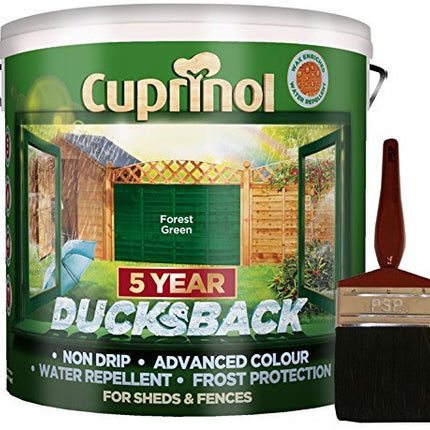 New 2018 Cuprinol Ducksback Shed & Fence Paint 9 Litre Forest Green. Non Drip, Water Repellent and Frost Defence. Protection for 5 Years. Includes PSP 4" fence application woodcare brush.