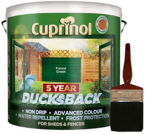 New 2018 Cuprinol Ducksback Shed & Fence Paint 9 Litre Forest Green. Non Drip, Water Repellent and Frost Defence. Protection for 5 Years. Includes PSP 4" fence application woodcare brush.