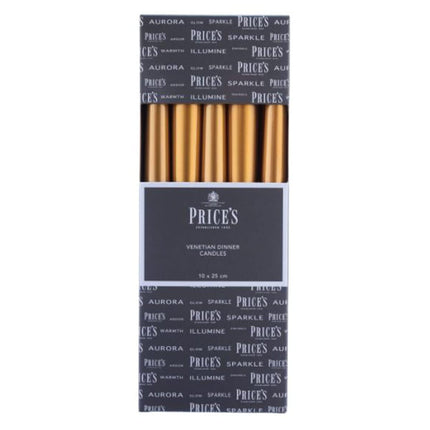 Price's Candles - 10" Venetian Wrapped Dinner Candles - Gold - 10 Pack - 7 Hour Burn Time - Unscented - Non-Drip - Multi-Purpose