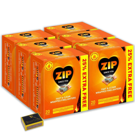 6 X Packs of 20 ZIP Fast & Clean Wrapped Firelighters for Open Fires, BBQs, Stoves, Chimineas & Tigerbox Safety Matches