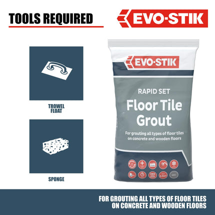 EVO-STIK Floor Tile Grout, Fast Setting Grey - 5kg - For Wood and Concrete Floors - Waterproof - For Interior and Exterior Use