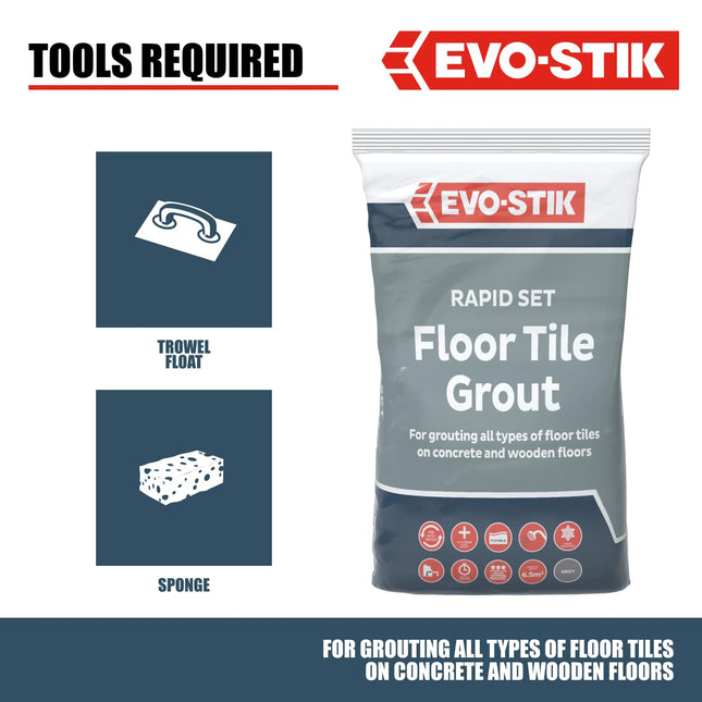 EVO-STIK Floor Tile Grout, Fast Setting Grey - 5kg - For Wood and Concrete Floors - Waterproof - For Interior and Exterior Use