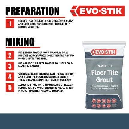 EVO-STIK Floor Tile Grout, Fast Setting Grey - 5kg - For Wood and Concrete Floors - Waterproof - For Interior and Exterior Use