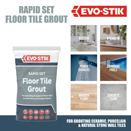 EVO-STIK Floor Tile Grout, Fast Setting Grey - 5kg - For Wood and Concrete Floors - Waterproof - For Interior and Exterior Use