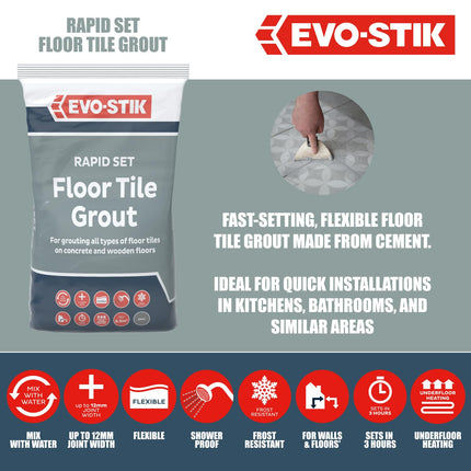 EVO-STIK Floor Tile Grout, Fast Setting Grey - 5kg - For Wood and Concrete Floors - Waterproof - For Interior and Exterior Use