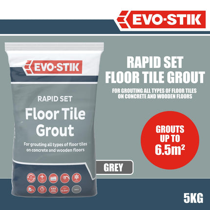 EVO-STIK Floor Tile Grout, Fast Setting Grey - 5kg - For Wood and Concrete Floors - Waterproof - For Interior and Exterior Use