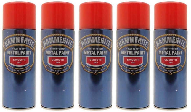 5x Hammerite Smooth Red Metal Spray Paint 400ml x5 Aerosol Tins
