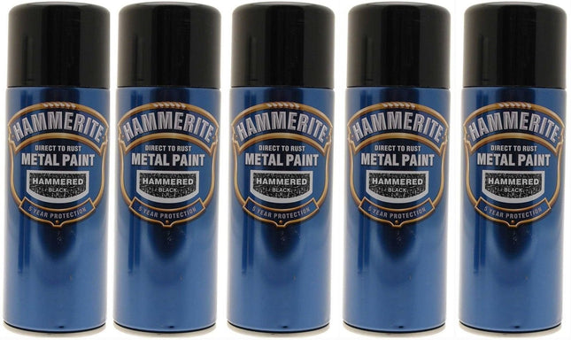 5x Hammerite Hammered Black Metal Spray Paint 400ml Aerosol Tins x5