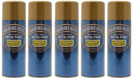 5x Hammerite Smooth Gold Metal Spray Paint 400ml x5 Aerosol Tins
