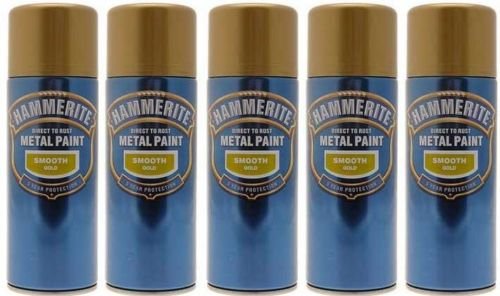 5x Hammerite Smooth Gold Metal Spray Paint 400ml x5 Aerosol Tins