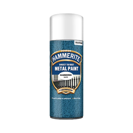 Hammerite Spray Paint for Metal. Direct to Rust Exterior White Metal Paint, Hammered Finish. Corrosion Resistant White Paint and Rust Remover, 8 Year Protection - 400ml Aerosol 0.5 SqM Coverage