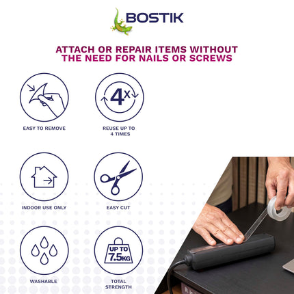 Bostik Miracle Mounting Tape Clear 19mm x 1.5m Roll - Double-Sided Mounting Tape - Ultra Strong - Washable & Reusable - 1kg per 20cm