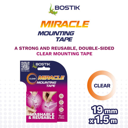 Bostik Miracle Mounting Tape Clear 19mm x 1.5m Roll - Double-Sided Mounting Tape - Ultra Strong - Washable & Reusable - 1kg per 20cm