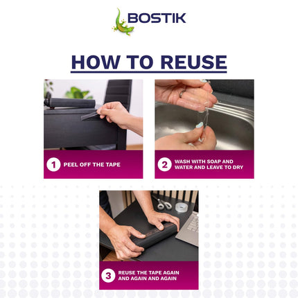 Bostik Miracle Mounting Tape Clear 19mm x 1.5m Roll - Double-Sided Mounting Tape - Ultra Strong - Washable & Reusable - 1kg per 20cm