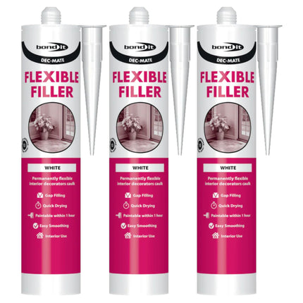 Bond It DEC-MATE Flexible Decorators Caulk – 3x White, 285ml EU3 | Quick-Drying Interior Gap Filler for Cracks & Joints – Over-Paintable Within 1 Hour | Easy Smoothing Flexible Filler Sealant