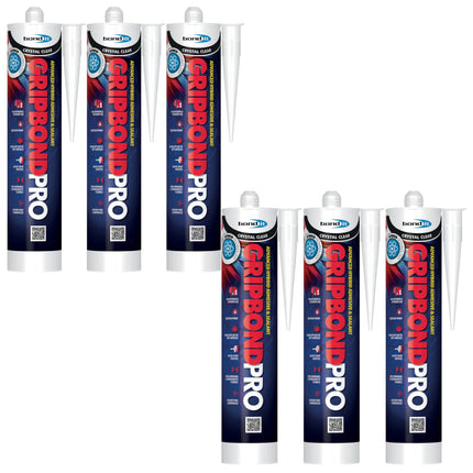 Bond It Gripbond Pro Super Strong Advanced Hybrid Adhesive & Sealant – 6x Crystal Clear, 300ml | Odourless – Non-Shrinking – Rapid Curing | Pro Adhesive Over-Paintable – Moist Surface Adhesion Sealant