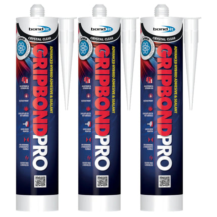 Bond It Gripbond Pro Super Strong Advanced Hybrid Adhesive & Sealant – 3x Crystal Clear, 300ml | Odourless – Non-Shrinking – Rapid Curing | Pro Adhesive Over-Paintable – Moist Surface Adhesion Sealant