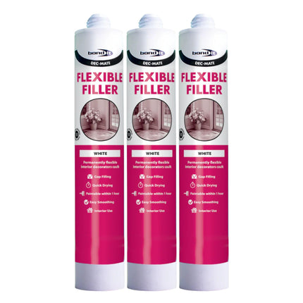 Bond It DEC-MATE Flexible Decorators Caulk – 3x White, 350ml EU4 | Quick-Drying Interior Gap Filler for Cracks & Joints – Over-Paintable Within 1 Hour | Easy Smoothing Flexible Filler Sealant