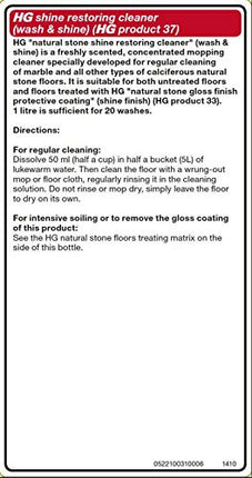HG Natural Stone Cleaner Shine Restorer, Product 37, Highly Concentrated Formula for Marble and Calciferous Natural Stone, Mop or Polish for Restoring Shine – 1L (221100106)