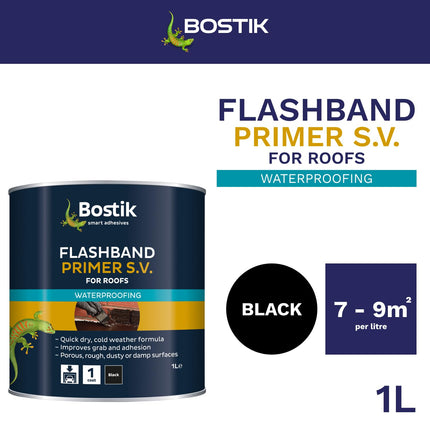Bostik Flashband Primer S.V. for Roofs, Primer for Flashing Tape, Improves Grab and Adhesion, Colour: Black, Size: 1L