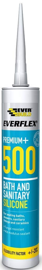Pack of 12 EVERBUILD White Premium Everflex+ 500 Bath and Sanitary Silicone Sealant