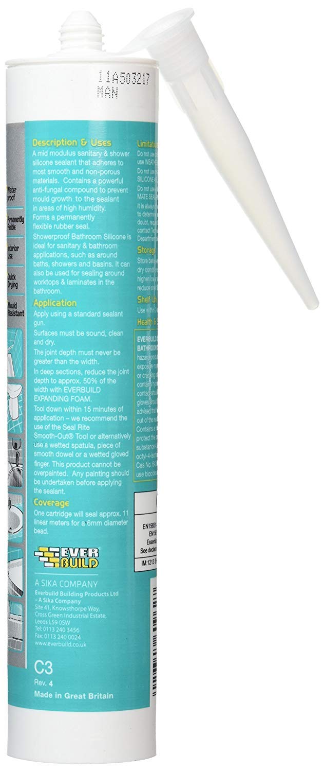 PACK OF 12 EVERBUILD White Showerproof Antifungal Bathroom Silicone Sealant