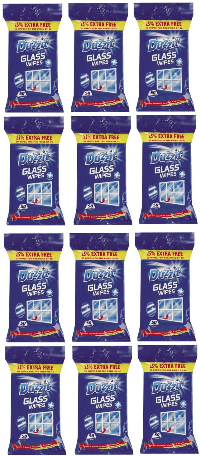 12 x Duzzit Glass Window Mirror Cleaning Wipes Pack Of 50