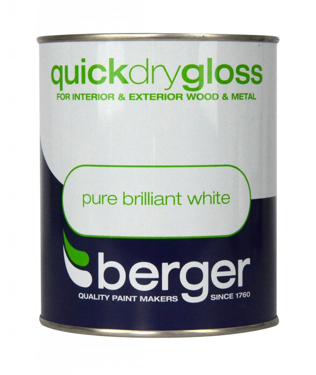 BERGER Quick Dry Gloss 750ml Brilliant White, Various