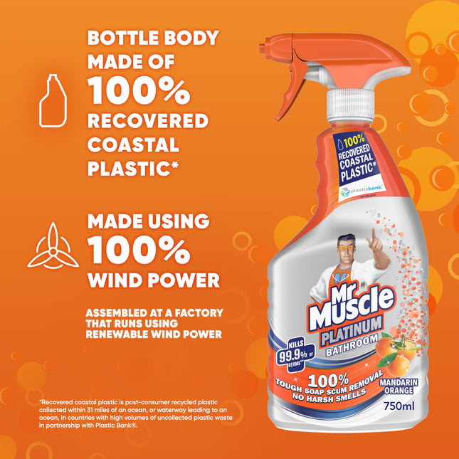Mr Muscle Bathroom Cleaner, Platinum Antibacterial Bathroom Spray, Mandarin, Pack of 6 (6 x 750ml)