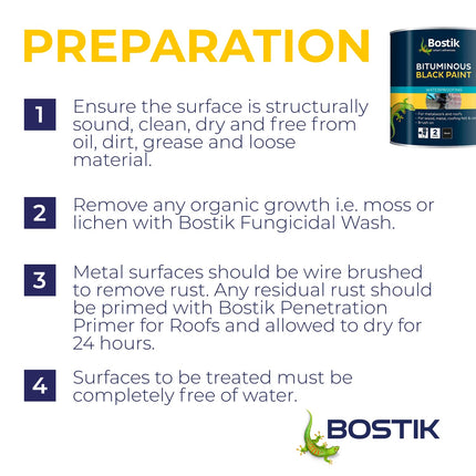 Bostik Bituminous Black Paint, Waterproofing Paint for Metalwork and Roofs, Brush On, Colour: Black, 1L Tin