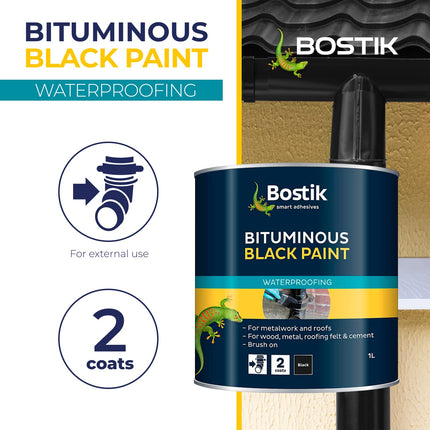 Bostik Bituminous Black Paint, Waterproofing Paint for Metalwork and Roofs, Brush On, Colour: Black, 1L Tin