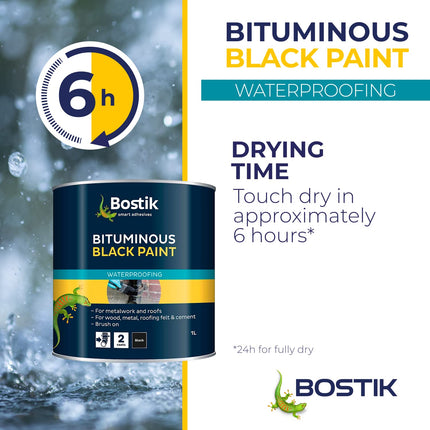 Bostik Bituminous Black Paint, Waterproofing Paint for Metalwork and Roofs, Brush On, Colour: Black, 1L Tin