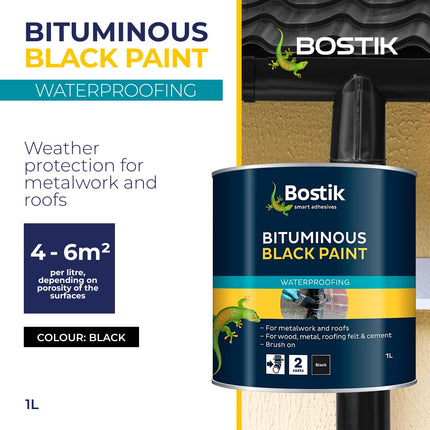 Bostik Bituminous Black Paint, Waterproofing Paint for Metalwork and Roofs, Brush On, Colour: Black, 1L Tin