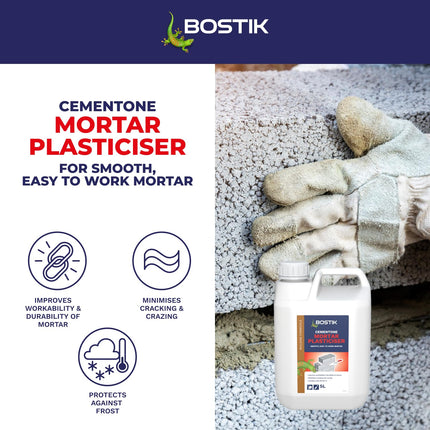 Bostik Cementone Mortar Plasticiser, Improves Workability and Durability of Mortar, Colour: White, 5 litres