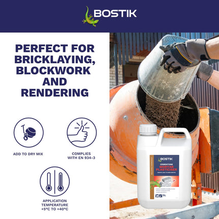 Bostik Cementone Mortar Plasticiser, Improves Workability and Durability of Mortar, Colour: White, 5 litres