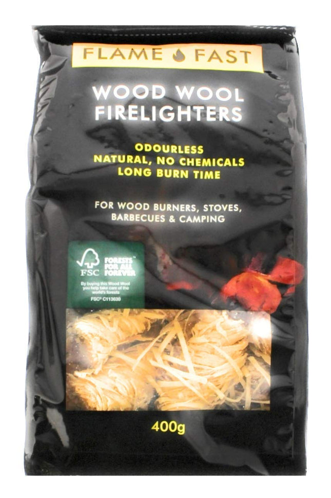 Tiger Tim Flamefast 400g Wood Wool Firelighters Natural Eco Odourless No Chemicals Long Burn Instant Fire Starters for Wood Burners Barbecues Stoves Grills Campfires
