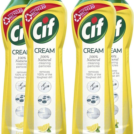 Cif Pack of 4 Lemon Cream Cleaner multipurpose surface cleaner with 100% natural cleaning particles removes 100% of the toughest dirt 500 ml